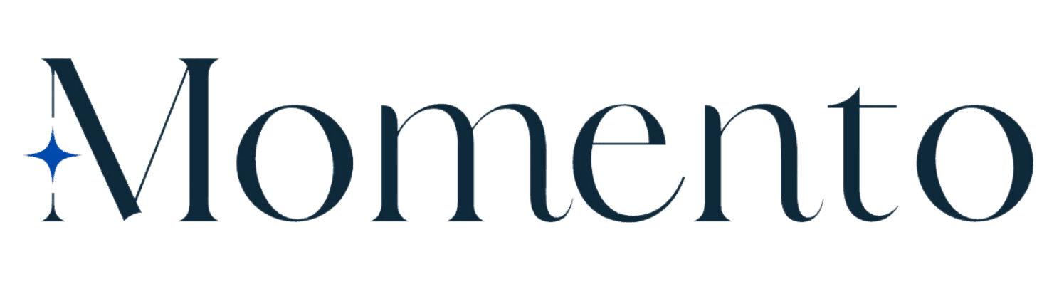 Momento logo with navy serif lettering and blue star icon