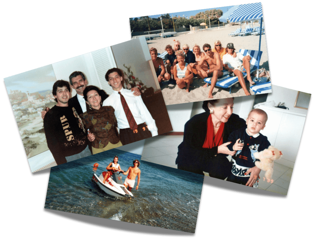Vintage family photo collage showing parents, children, and grandparents across generations — beach holidays, childhood moments, and family celebrations preserved through digitisation.