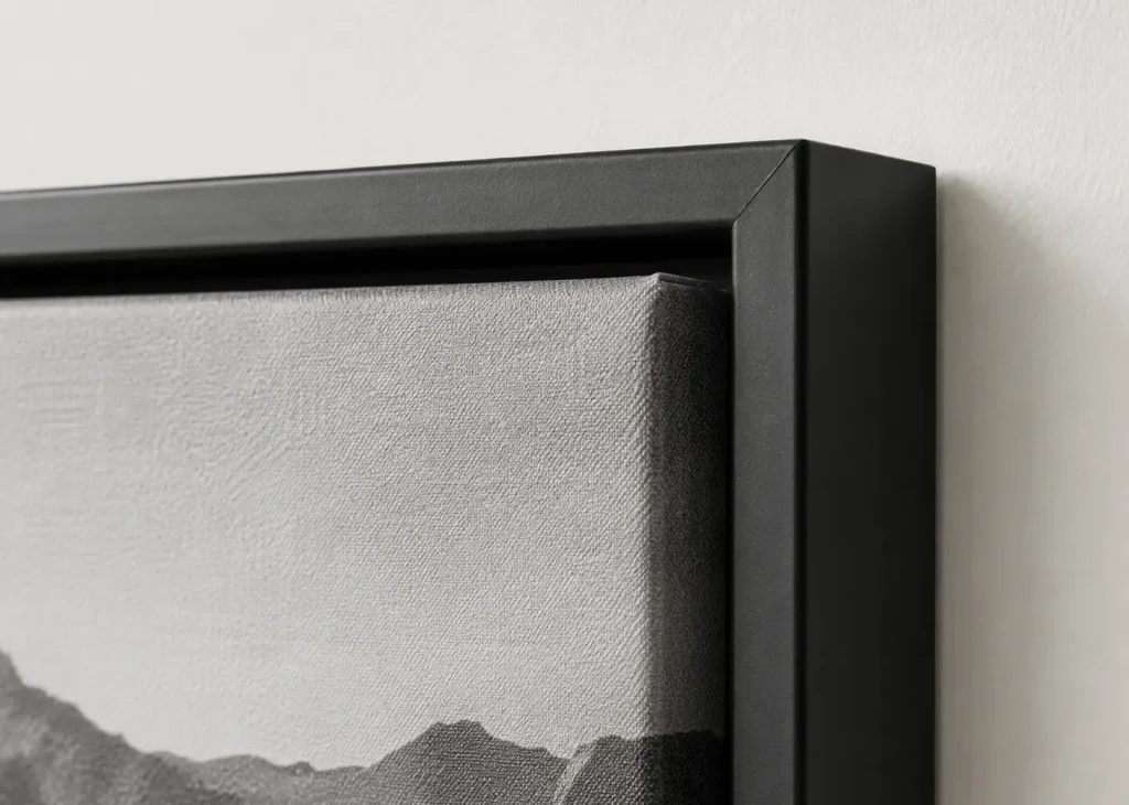 Close-up detail of a premium framed canvas print showing the timber floating frame and wrapped canvas edge