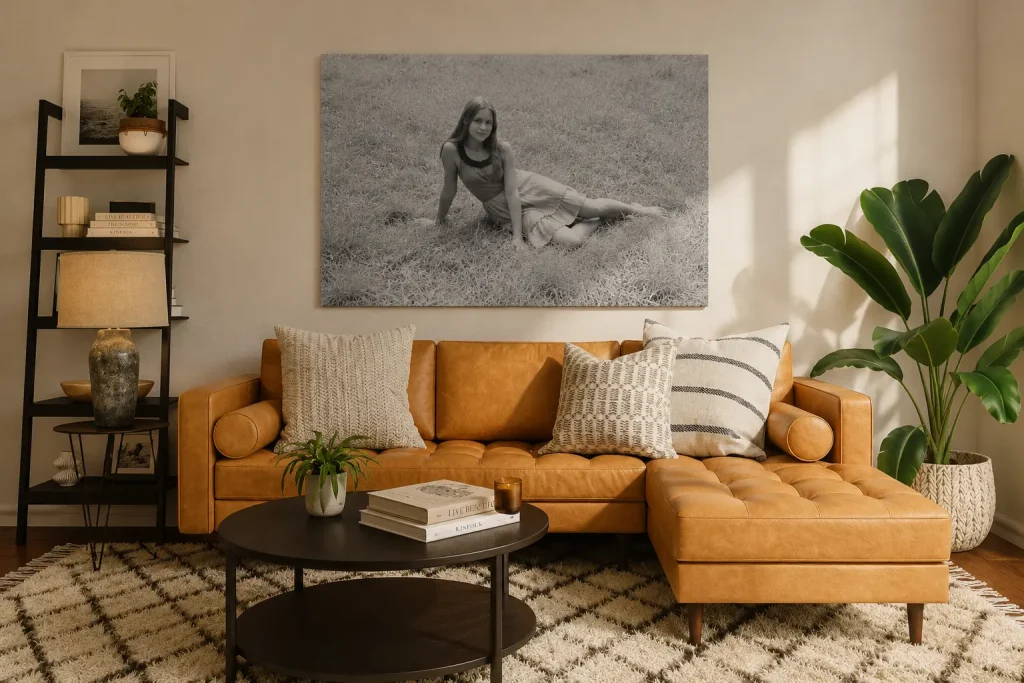 Black and white photo displayed as a framed canvas print on a living room wall