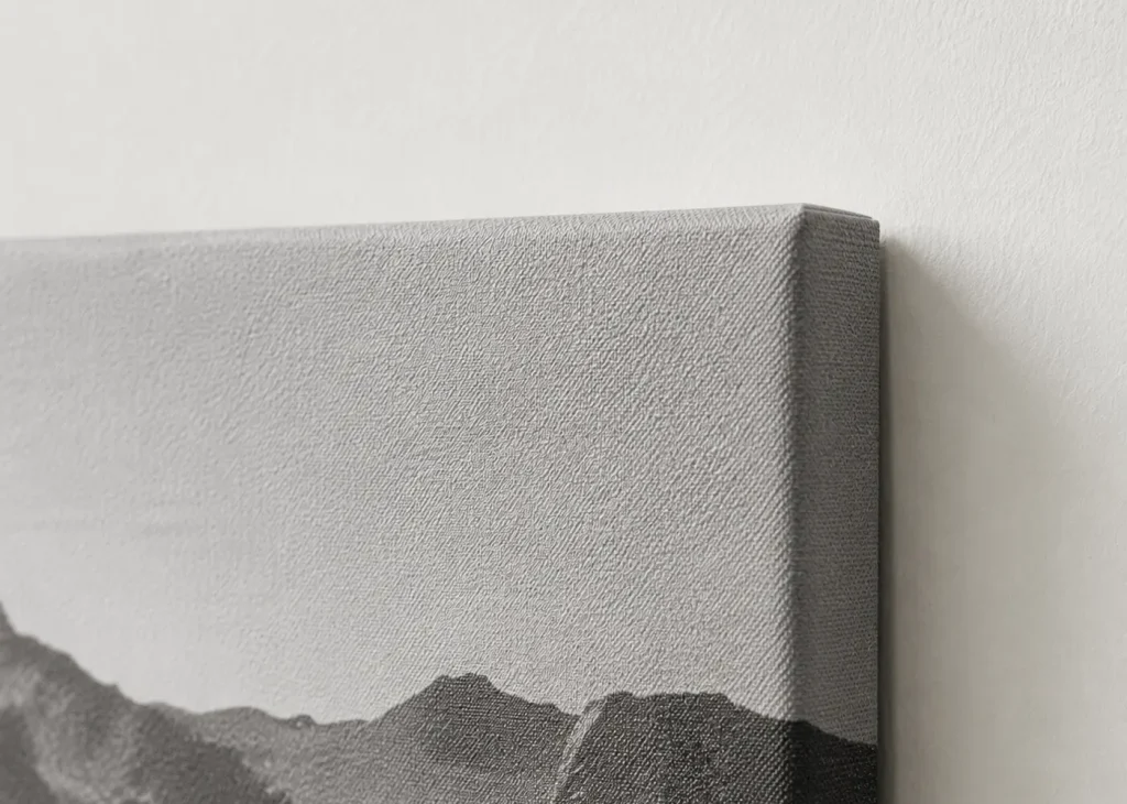 Close-up detail of an unframed canvas print showing the stretched canvas edge and clean wrapped finish
